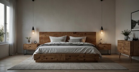 This modern bedroom exudes Scandinavian charm, featuring a rustic wooden bed against a white wall, offering ample copy space for a minimalist aesthetic