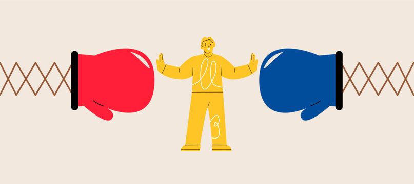 Woman stand in the middle to stop conflicted. Conflict management concept. Colorful vector illustration
