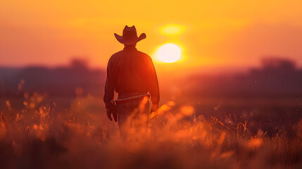A cowboy strolls through a field under the orange and red sky of sunset, admiring the natural landscape and atmosphere of the afterglow