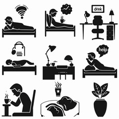 A set of black vector icons on a white background showing sleep and energy levels. One person sitting at a desk sleeping with "FATIGUE" text above them, another in bed falling