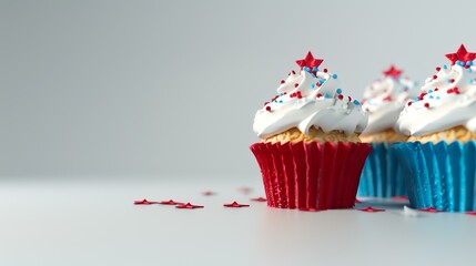 4th of July cupcakes with stars and confetti on white background