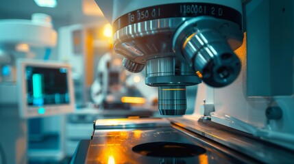 Side view of a precision cancer treatment machine in use.