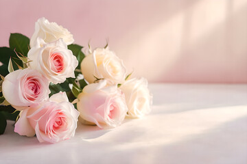 A bunch of pink and white roses with the sun shining on them.