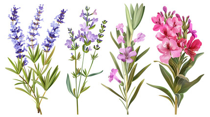 Naklejka premium Set of Mediterranean garden flowers including oleander, lavender, and sage, isolated on transparent background