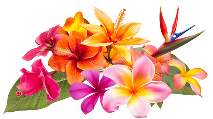 Set of vibrant tropical blooms including bougainvillea, plumeria, and bird of paradise, isolated on transparent background