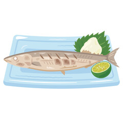 皿に盛られたサンマの塩焼き