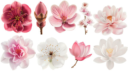 Set of Asian bloom varieties including cherry blossom, lotus, and jasmine, isolated on transparent background