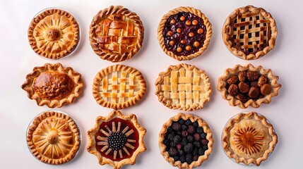 Assorted pies  in distinct presentations against a neutral white background, enticing with their delectable differences.