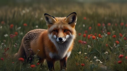 Fototapeta premium painting style illustration red fox in wildflower fie generative AI