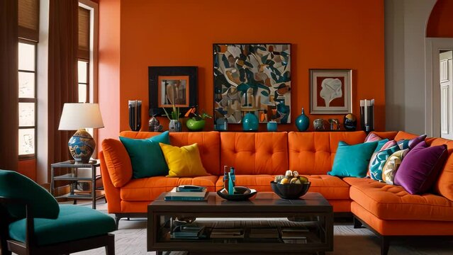 Video animation of vibrant and colorful living room interior Above the sofa hangs a large abstract painting with splashes of various colors, adding to the room&rsquo;s dynamic aesthetic
