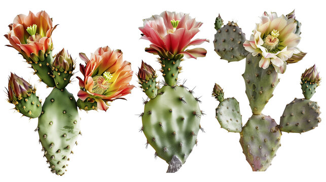 Set of heat loving cacti flowers including saguaro, prickly pear, and cholla, isolated on transparent background
