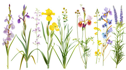 Set of riverbank flowers including irises, willow herb, and reed mace, isolated on transparent background