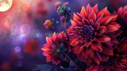 Dahlia blossoms reaching towards the moon, forming a nocturnal symphony in fiery hues.