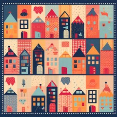 Pattern quilts flat design side view cozy home theme cartoon drawing Splitcomplementary color scheme - obrazy, fototapety, plakaty