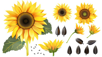Set of sunflower elements including a full sunflower, sunflower seeds, petals, and leave