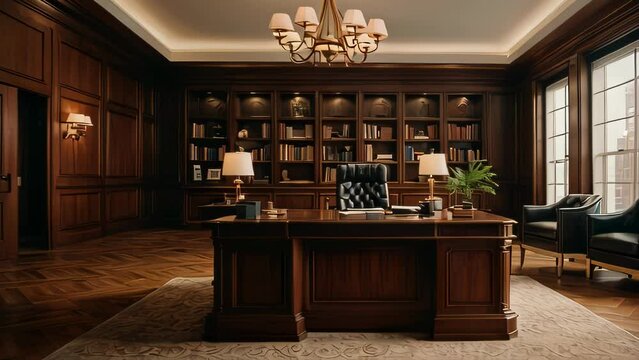 Video animation of  classic and elegant home office or study room. The room features a large wooden desk with a desktop computer and two table lamps