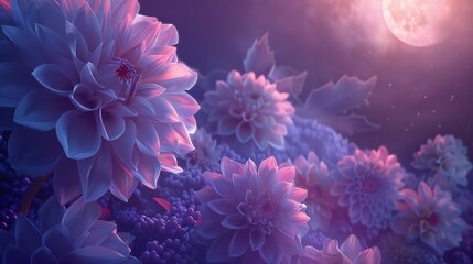 the celestial ballet of Dahlia blooms reaching towards the visible moon, their upward faces aglow with hues of amethyst and ivory, painting a portrait against the midnight sky.. - Powered by Adobe