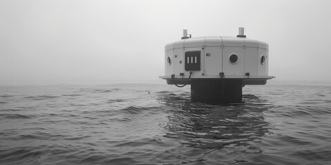 Deployment of ocean energy converters, side view, expanding renewable capacity, digital binary as object, black and white,