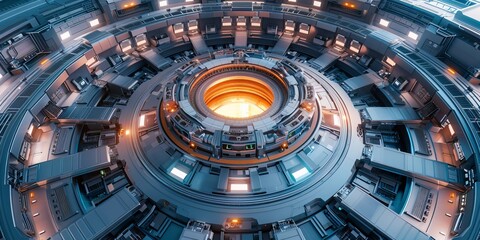 Core reactor of a fusion energy facility, top view, magnetic confinement fusion, sci-fi tone, Triadic Color Scheme, - obrazy, fototapety, plakaty