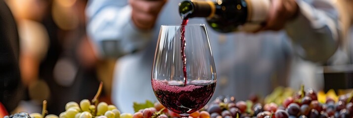 Detailed view of a sommelier pouring red wine into a glass at a food and wine festival, with a focus on the wine's color and texture, - obrazy, fototapety, plakaty