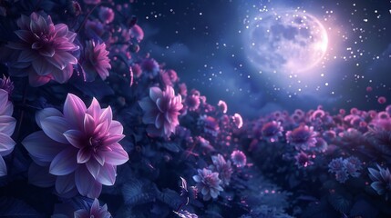 Fototapeta na wymiar the enchanting scene of Dahlia flowers adorning the earth and pathway, bathed in the gentle glow of the moon, their ethereal charm captured through aerial imagery.