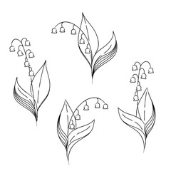 スズランのシンプルなモノクロ線画イラストセット0