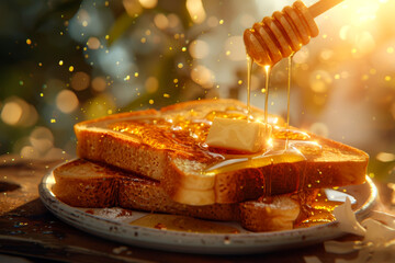 slice of toast drizzled with honey and topped with a pat of butter - Powered by Adobe