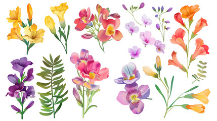 Set of freesia elements including freesia flowers, buds, petals, and leaves,