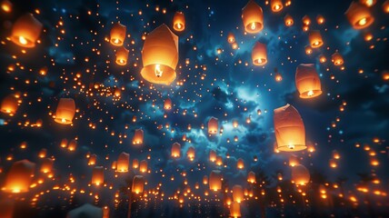 Nighttime shot of a Lantern Festival, with hundreds of glowing lanterns floating against a dark sky, creating a magical, dreamlike atmosphere,