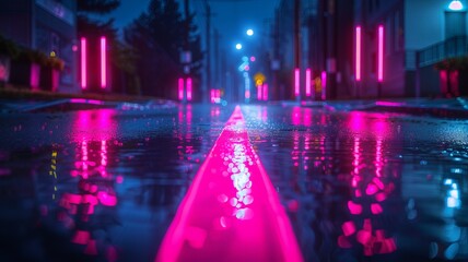 Pink neon lights reflecting on a dark