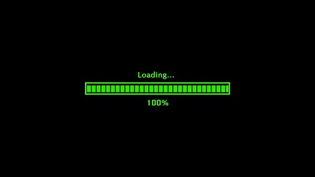 Status loading and upload bar animation green color with black background screen. Futuristic uploading progress bar effect. Computer cyberpunk loading screen.