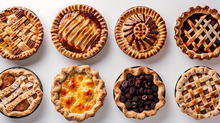 Assorted pies in distinct presentations against a neutral white background, enticing with their delectable differences.