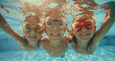 Three children wearing swimming goggles and swim attire, playing in the pool together with joyous smiles on their faces