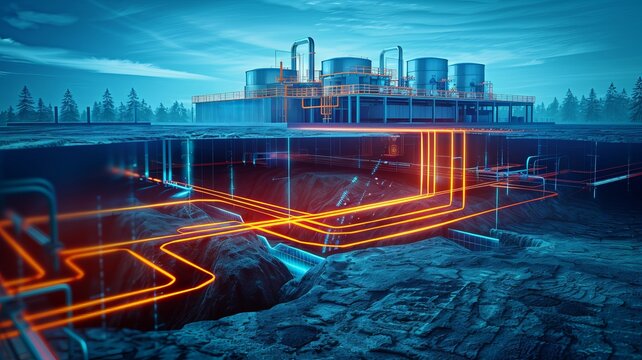 Visualization of geothermal heat flow, front view, thermal energy graphics, robotic tone, Tetradic color scheme,
