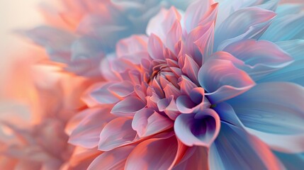 the surreal beauty of Dahlia flowers in the moon's soft light, their petals awash in a dreamy spectrum of colors a?" from deep indigo to delicate peach a?" creating an aerial symphony of hues.