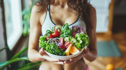 Fit young woman enjoying a post-workout salad at home, with yoga mat in the background, showcasing healthy eating and fitness routines