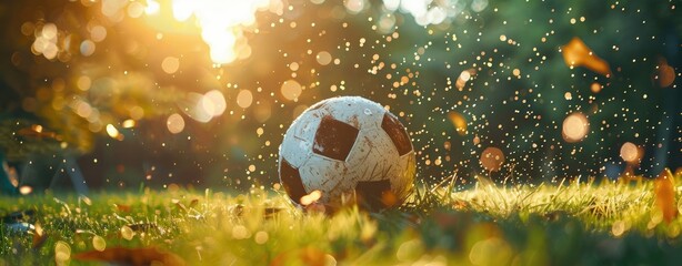 Soccer ball lies on the grass on the field