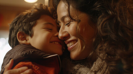 Affectionate moment between smiling latin american mother and latino son at home, showcasing a warm, loving family dynamic