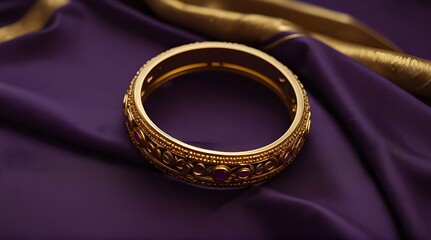 Golden bangles with Gold earrings on a purple saree background.generative.ai