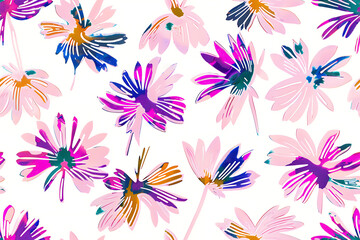 Repeating floral design with pink and purple colors suitable for wallpaper or fabric