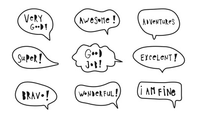 Inspiring social media stickers set. Cheerful phrases flat vector illustrations pack. Motivating quotes collection. Greeting card, postcard typography. Very good , excelent ,bravo ,etc.