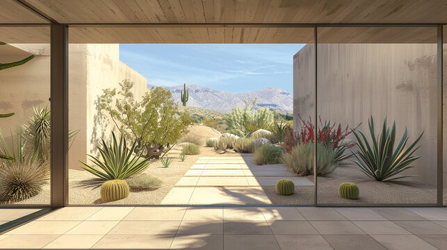 Cubic house with panoramic sliding doors that open to a minimalist desert landscape with native plants.