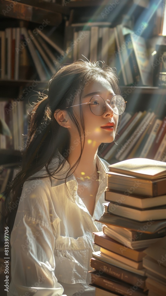 Poster A woman is seated in front of a tall stack of books, looking focused and engaged in reading. The books are neatly arranged, and the setting appears to be a library or study room.