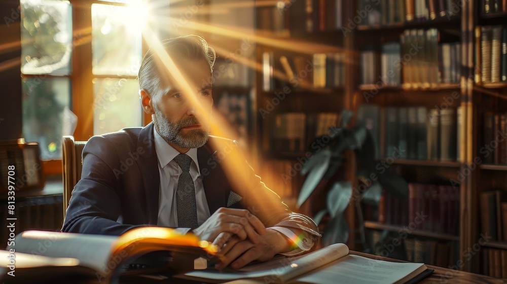Poster A man in professional attire is seated at a desk in a library, surrounded by books and documents. He appears focused and engaged in reading or research.