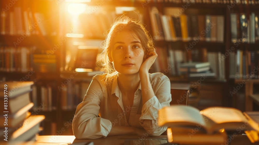 Poster A woman is seated at a table positioned in front of a bookshelf. She appears focused, possibly reading or studying material from the numerous books neatly arranged behind her.