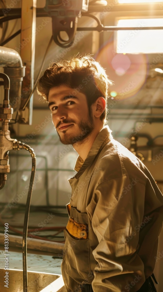 Aufkleber a man in a grey uniform is standing in front of a sink. he is smiling and looking at the camera