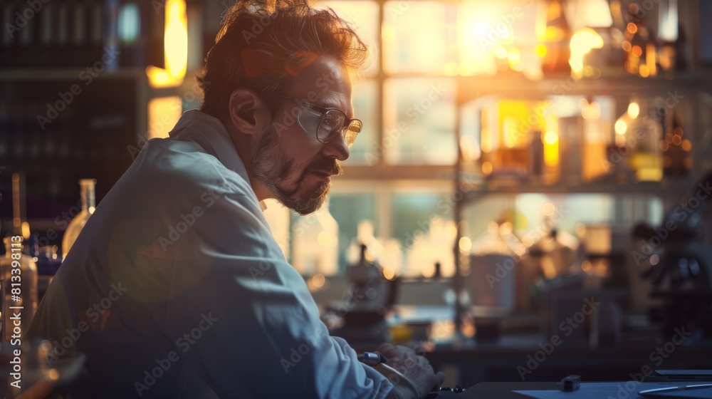 Aufkleber A man in a lab coat is sitting at a desk with a beaker in front of him