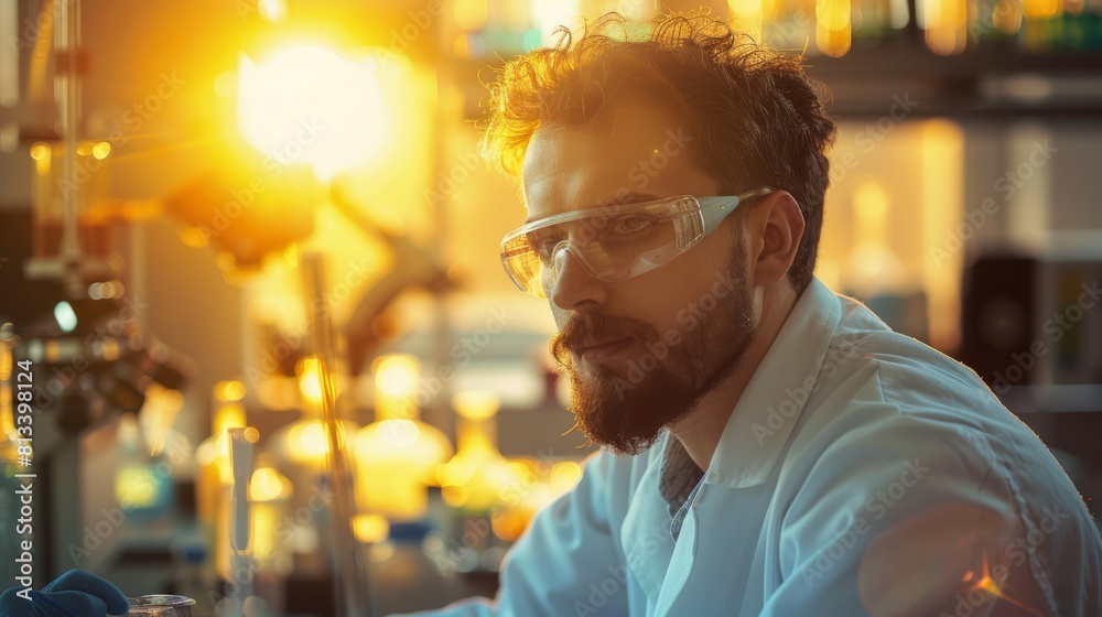Poster a man in a lab coat is wearing safety goggles and looking at a microscope. concept of focus and conc