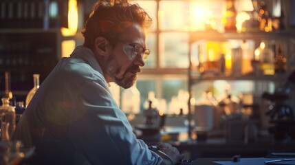 A man in a lab coat is sitting at a desk with a beaker in front of him