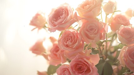 Bouquet of pink roses illuminated by soft natural light against a white background, creating a serene and tranquil scene.